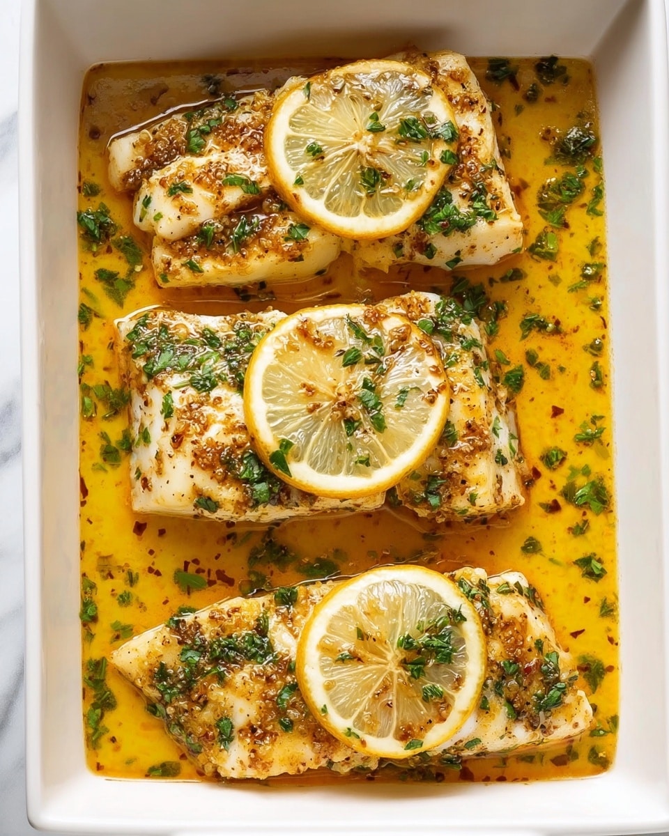 The image shows a white square baking dish holding four pieces of cooked white fish fillets. Each fillet is topped with a thin, round slice of lemon and sprinkled with chopped green herbs. The fillets rest in a shallow pool of golden-yellow sauce that has a slightly oily texture and small herb bits floating in it. The fish looks moist and tender with a light browned seasoning on top. The dish is placed on a white marbled surface. photo taken with an iphone --ar 4:5 --v 7