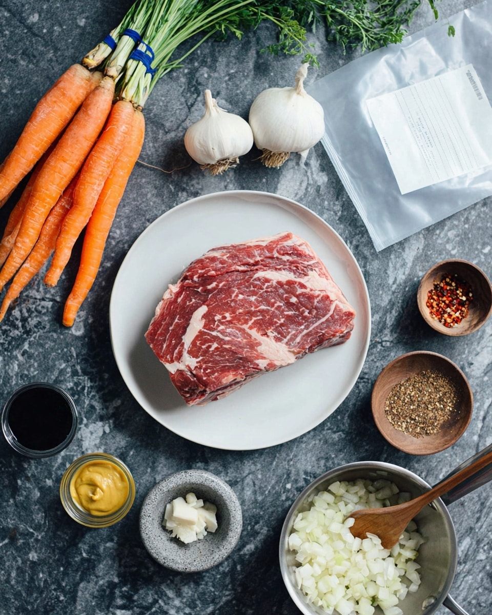 On a white plate in the center, there is a raw piece of red meat with white marbling and fat running through it. To the top left, a bunch of orange carrots with green tops are tied with a blue band, resting against the edge of the plate. Below the plate, there is a silver pan containing cooked chopped onions that are white and slightly browned, with a wooden spoon inside. Around the plate and pan, there are small bowls and jars holding various ingredients: a small glass bowl with light yellow mustard, a dark cup filled with a dark liquid, a stone bowl with ground brown spices, a wooden bowl with red chili flakes, and some whole garlic cloves scattered nearby. In the upper right corner, there is a clear plastic bag with a white note inside, placed on a white marbled surface. The overall setting is on a dark gray textured surface with a white marbled background. Photo taken with an iphone --ar 4:5 --v 7