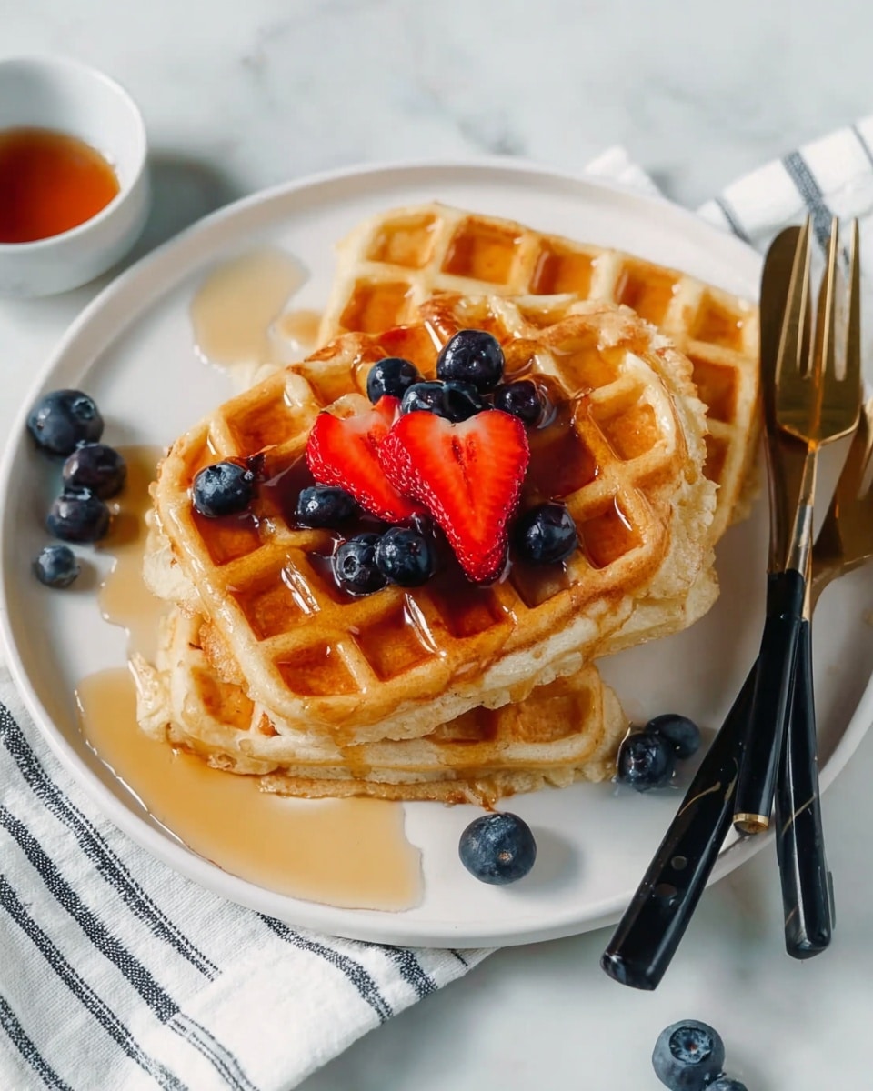 Three waffles are stacked slightly overlapping each other on a white plate, each waffle showing a golden-brown grid pattern with crispy edges and a soft inside. To the left of the plate, there are two small white bowls, one filled with dark syrup and the other with sliced strawberries and whole blueberries. On the right side of the plate, there is a gold fork and a black-handled knife resting on a white cloth with thin black stripes. All items are placed on a white marbled surface, creating a clean and fresh look. Photo taken with an iphone --ar 4:5 --v 7