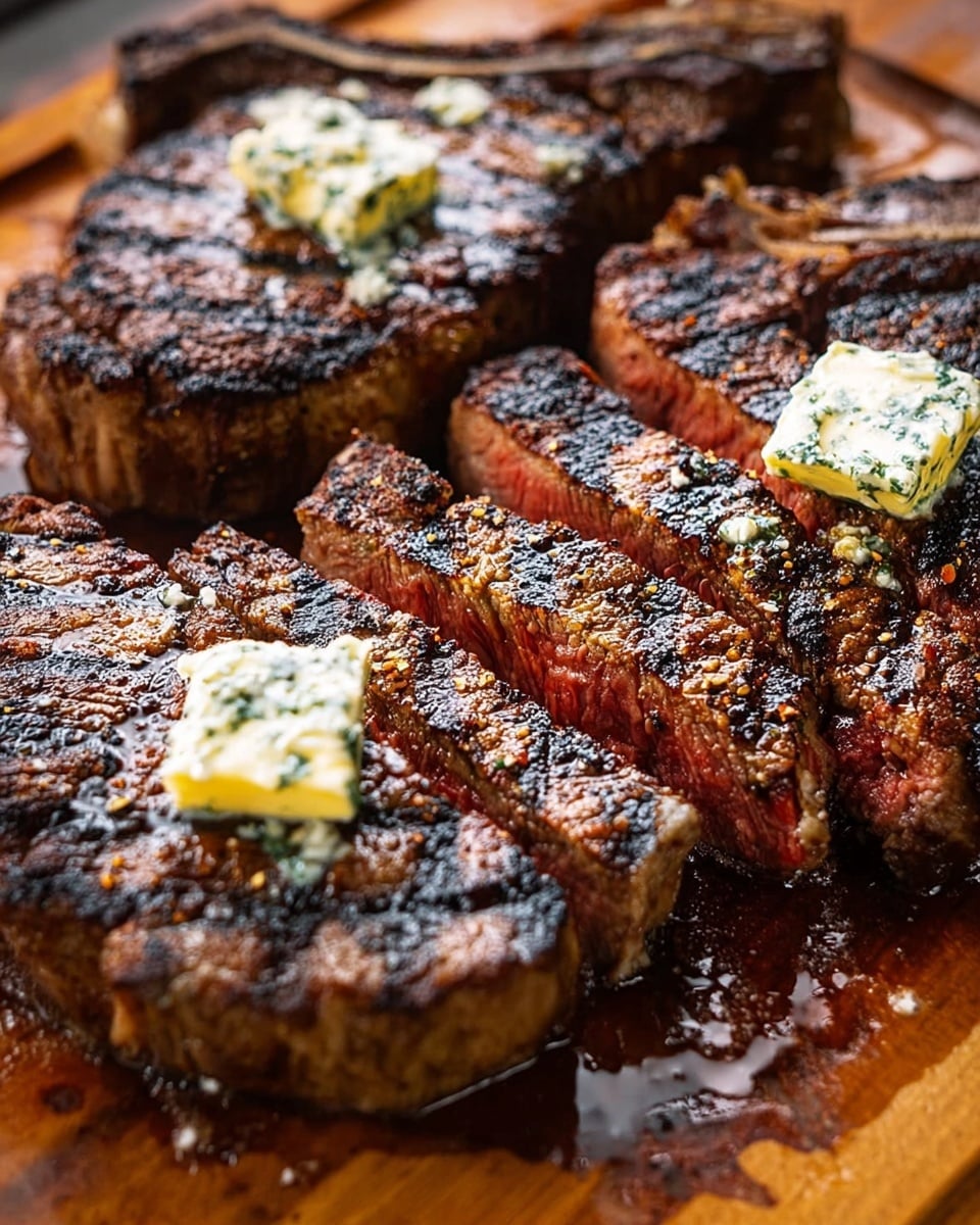The image shows three thick grilled steaks with dark, crispy grill marks on top. Each steak is sliced into several wide pieces near the middle and has a light yellow square of herb butter melting on top. The meat looks juicy with a reddish-brown color inside and a charred outer crust. The steaks rest on a wooden board with some juices around them. The texture of the steaks looks tender but firm, and the butter adds a soft creamy contrast. Photo taken with an iphone --ar 4:5 --v 7