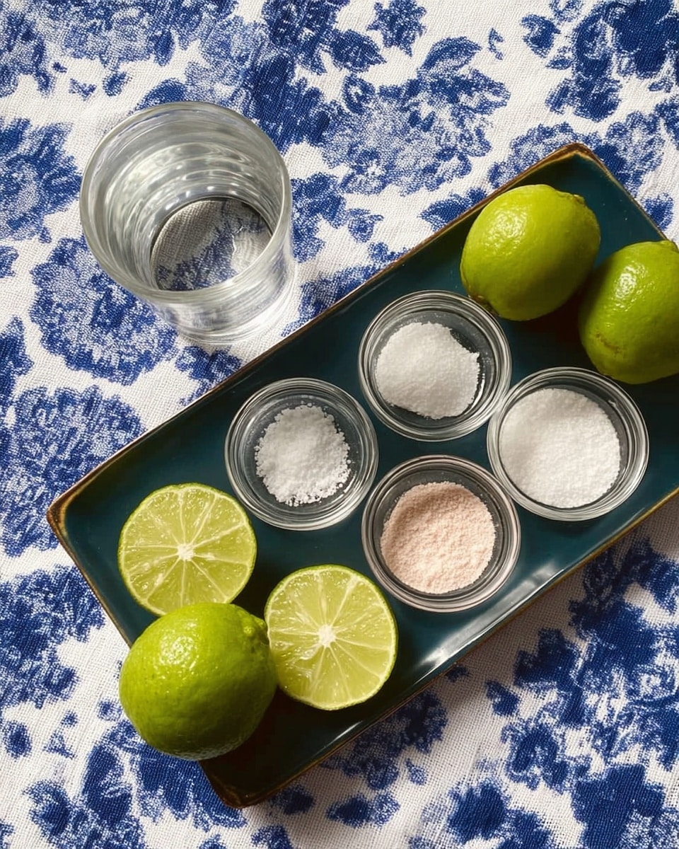 The image shows a dark green rectangular tray placed on a white marbled surface covered with a blue and white floral cloth. On the tray, there are four halves of fresh green limes arranged in a loose circle. Inside the circle, there are three small clear glass bowls: one with coarse white salt, one with fine white sugar, and one with a light pink powder. To the left of the tray, there is a clear glass of water, partly filled. The photo taken with an iphone --ar 4:5 --v 7