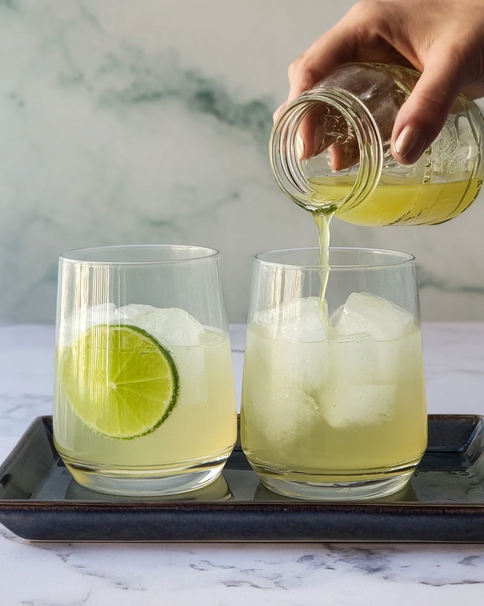 Two clear glasses sit side by side on a dark rectangular tray, placed on a white marbled surface with a white marbled background. Each glass contains light yellow liquid filled with several ice cubes, one glass showing a bright green lime slice inside. A woman's hand is holding a small glass jar pouring the same light yellow liquid into the glass on the right. The scene is well-lit and simple with no other objects visible, photo taken with an iphone --ar 4:5 --v 7
