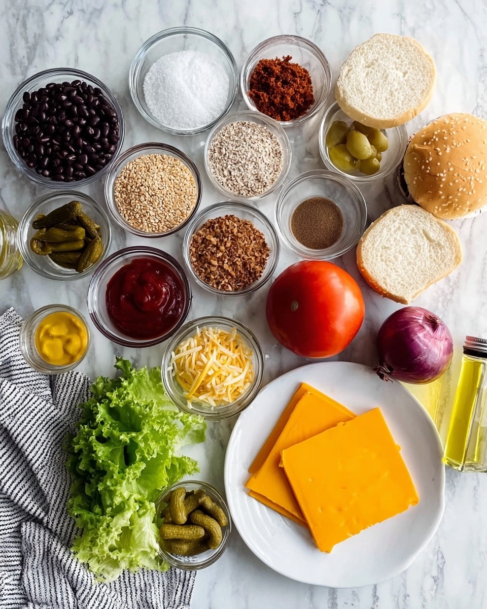 The image shows a collection of food ingredients neatly arranged on a white marbled surface. There are multiple small clear glass bowls filled with black beans, brown sugar, ground spices, oats, crushed crackers, ketchup, mustard, and pickles. Nearby are two white sandwich buns placed on the side, along with a whole red tomato, a whole red onion, a small head of leafy green lettuce, and a small clear bottle of olive oil. A white plate holds four slices of bright orange cheddar cheese. A gray striped cloth is partially visible on the left side of the image. The scene is bright and clean, with natural light highlighting the textures and colors of the ingredients photo taken with an iphone --ar 4:5 --v 7