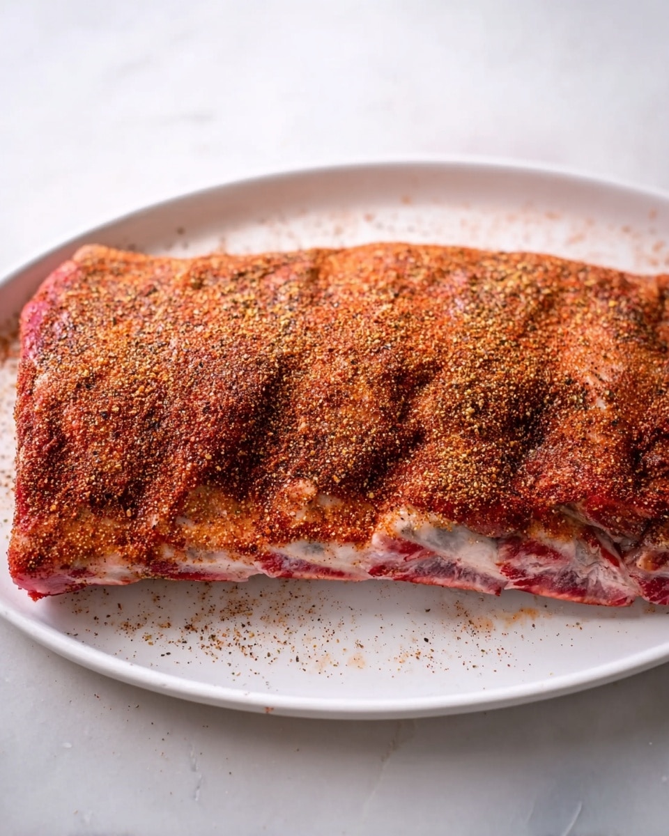 A single large raw rib rack is placed on a white oval plate resting on a white marbled surface. The rib meat is covered all over with a thick layer of reddish-brown dry rub seasoning, giving a rough and textured look. The skin side of the rib rack faces down, showing the meat side with a pinkish-red tone underneath the spice layer. Photo taken with an iphone --ar 4:5 --v 7