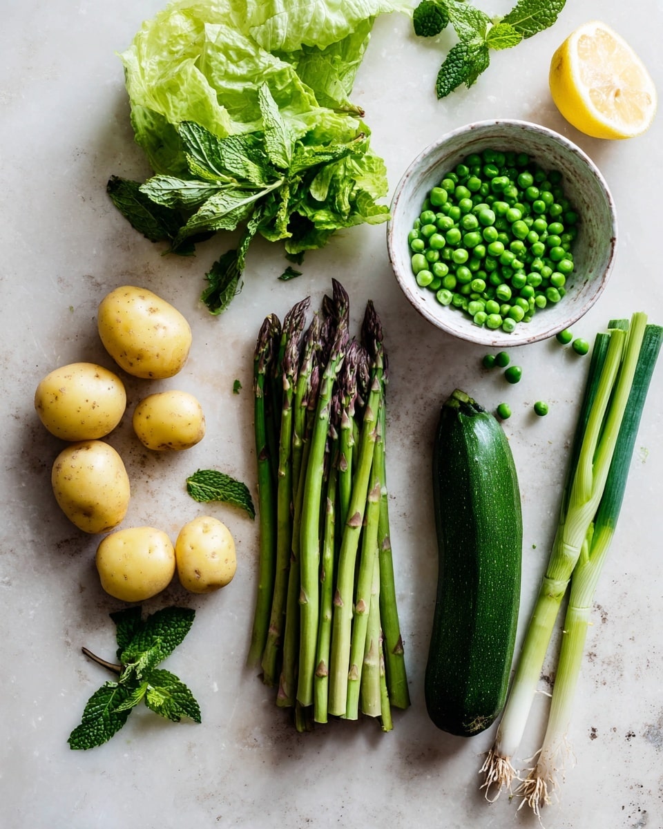 The image shows a neat arrangement of fresh vegetables on a white marbled surface. On the left side there are small, smooth light yellow potatoes, a few sprigs of bright green mint leaves, and a small head of light green lettuce with crinkled leaves. Next to them, in the center, is a bunch of green asparagus stalks with purple tips standing upright, leaning slightly to the right. Toward the right side are some long green onions with white bottoms and green tops, lying next to a dark green zucchini with a smooth surface. On the far right, there is a white bowl filled with bright green peas, with a few peas spilled nearby. Above the asparagus is a half lemon with pale yellow flesh and a few scattered mint leaves around it. Photo taken with an iphone --ar 4:5 --v 7
