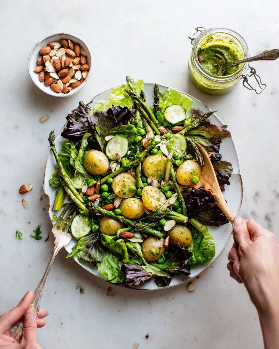 A white plate holds a fresh salad with several layers, starting with a base of green and dark purple lettuce leaves spread across the plate. On top, there are light green baby potatoes and green asparagus spears arranged evenly, giving a mix of smooth and grilled textures. Bright green peas and thin cucumber slices add pops of color throughout. Scattered almonds add a rough texture and brown color. Fresh green herbs are sprinkled over everything. A woman's hand holds a wooden spoon in each hand, mixing the salad. To the top right is a glass jar with green dressing and a silver spoon inside, and to the top left is a small white bowl filled with sliced almonds. The entire scene is set on a white marbled surface. Photo taken with an iphone --ar 4:5 --v 7