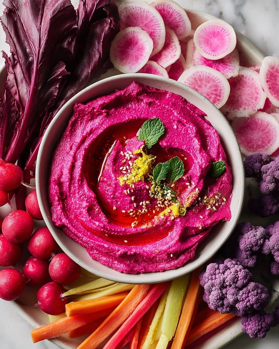 A white bowl filled with bright pink beet hummus with a creamy texture swirled smoothly on top. The hummus is drizzled with red olive oil and sprinkled with light yellow sesame seeds and thin yellow lemon zest strands. Fresh green mint leaves are scattered on top, adding contrast. Around the bowl on a white marbled surface are whole red radishes, some purple cauliflower pieces, and green mint leaves. Photo taken with an iphone --ar 4:5 --v 7