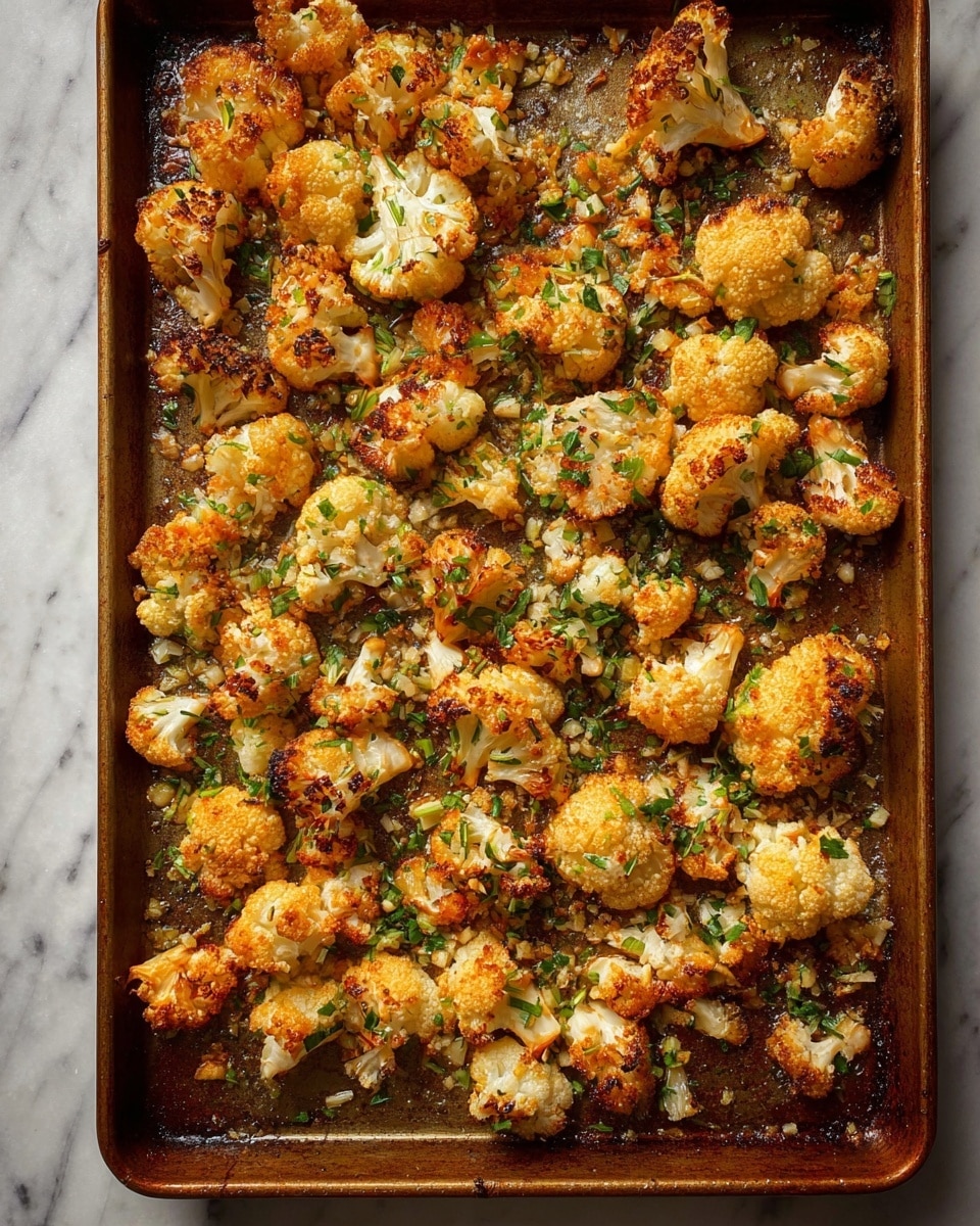 The image shows a large baking tray filled with many small cauliflower florets that are roasted to a golden brown with some crispy edges and darker spots. The cauliflower pieces are sprinkled with finely chopped fresh green herbs and small bits of minced garlic or onion, adding texture and color contrast. The tray is set on a white marbled surface, and the overall look is warm and rustic, highlighting the rich browns, yellows, and greens in the roasted cauliflower mixture. Photo taken with an iphone --ar 4:5 --v 7