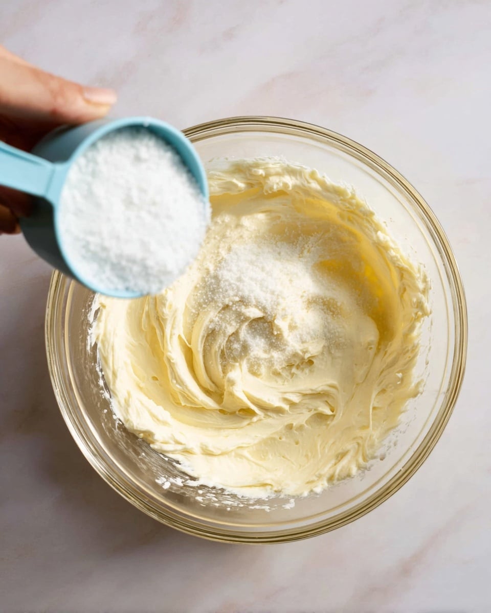 A clear glass bowl sits on a white marbled surface, filled with a thick creamy mixture that is pale yellow in color. On top of this creamy base, a white granular ingredient is being poured from a light blue measuring cup held by a woman's hand. The cream inside the bowl has a smooth, whipped texture with some soft peaks and swirls along the edges. The white granules create a clear contrast against the creamy layer beneath. Photo taken with an iphone --ar 4:5 --v 7