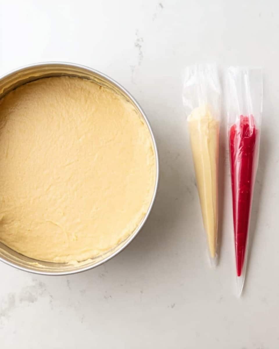 The image shows a round baking pan with smooth, light beige batter spread evenly inside. Next to it, on a white marbled surface, are two small clear plastic piping bags with pointed tips, one filled with pale yellow cream and the other filled with bright red cream. The setup looks neat and ready for decorating or baking. Photo taken with an iphone --ar 4:5 --v 7