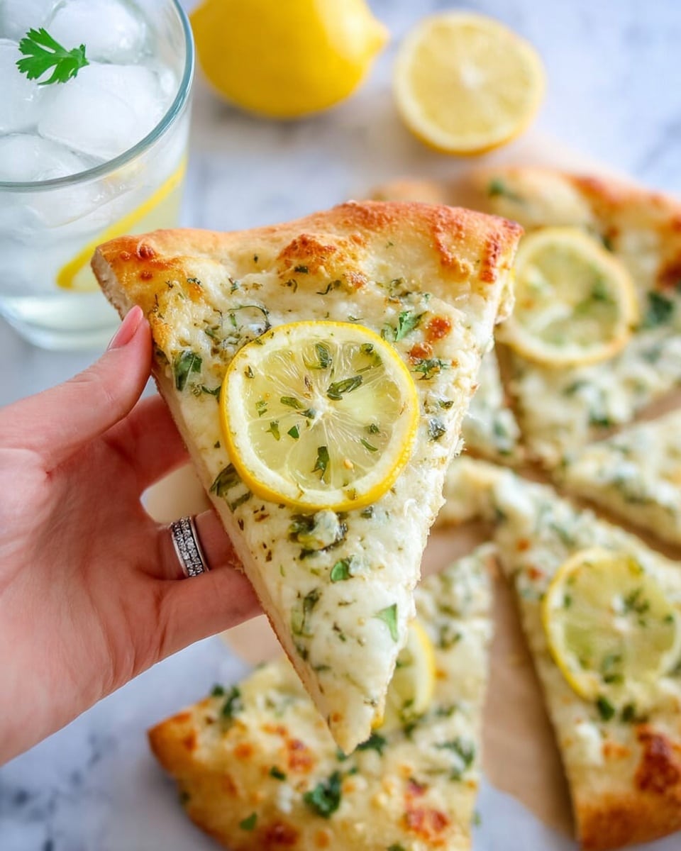 A white pizza slice is held by a woman's hand with a silver ring on the finger. The pizza has a thick golden-brown crust and is topped with melted white cheese mixed with green herbs. On top, there is a thin yellow lemon slice placed near the center of the slice. The pizza is placed on a white marbled surface with additional slices and lemon wedges in the background, along with a glass filled with ice cubes. The overall color is bright and fresh, emphasizing the creamy and zesty look of the pizza photo taken with an iphone --ar 4:5 --v 7