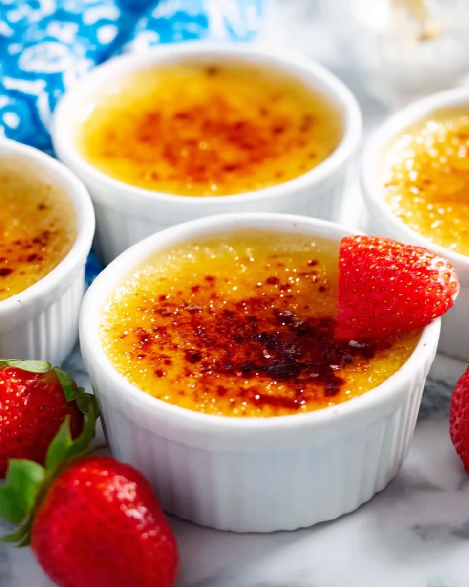 The image shows three white ceramic ramekins filled with crème brûlée. Each has a smooth, golden caramelized sugar layer on top that looks crispy with some darker brown spots for texture. One ramekin has a slice of fresh strawberry on the edge, adding a bright red and glossy detail. The ramekins are placed on a white marbled surface, with a blue patterned cloth visible in the background. A few whole strawberries with green leaves sit near the front, next to the ramekins. The lighting highlights the rich colors and smooth textures of the caramel tops and fresh strawberries photo taken with an iphone --ar 4:5 --v 7