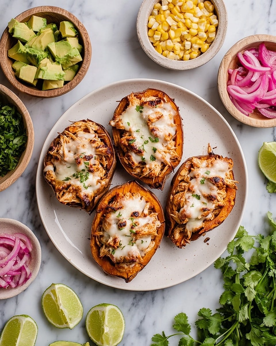 On a white plate, there are four toasted sweet potato halves with a layer of shredded browned chicken topped with melted white cheese on each. The sweet potato shells are a warm orange with a slightly crispy brown edge. Around the plate, there are small bowls and loose ingredients: diced green avocado in one bowl, bright yellow and pink corn salad in another, and pink pickled onions in a third. Fresh cilantro sprigs and lime wedges are scattered nearby on a white marbled surface, adding green and citrus accents. A woman's hand partially reaches in from the side near the cubed avocado bowl. Photo taken with an iphone --ar 4:5 --v 7