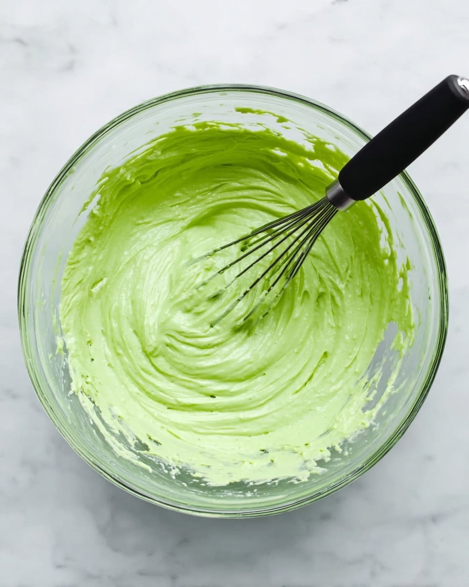 A clear glass bowl sits on a white marbled surface, filled with a smooth, bright green mixture that looks creamy and thick. A whisk with a black handle is resting inside the bowl, partially covered with the green mix. The mixture has a swirled texture from being stirred, with some parts pulling away from the edges of the bowl, showing a consistent color and soft texture. Photo taken with an iphone --ar 4:5 --v 7