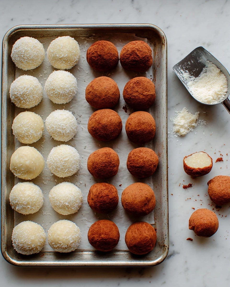 A metal tray holds five rows of round cookie dough balls lined up neatly: the left two rows are white balls with a rough coconut texture, the middle row is smooth and plain white dough balls, and the right two rows are reddish-brown dough balls with a slightly dry, powdery look. On the white marbled surface next to the tray, there are three reddish-brown dough balls, two are whole and one is partially crumbled, along with a metal scoop that has some white dough stuck inside. The photo is taken with an iphone --ar 4:5 --v 7