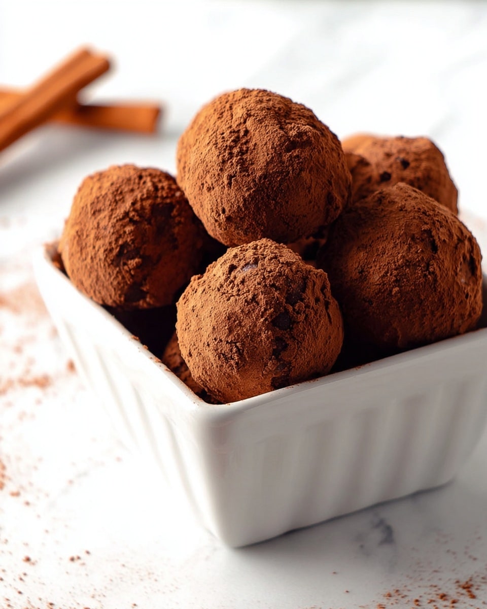 A white square ceramic container filled with seven round chocolate truffles that are coated in a rough layer of cocoa powder, giving them a rich dark brown color and a textured surface. The truffles are piled closely together, showing uneven shapes with small cracks and an earthy cocoa dust finish. The container is placed on a white marbled surface, and the background is softly blurred with two cinnamon sticks faintly visible in the top left corner. photo taken with an iphone --ar 4:5 --v 7