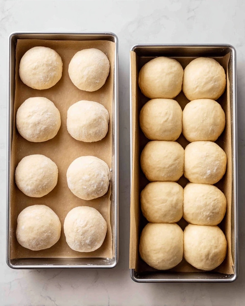 The image shows two metal trays lined with parchment paper, placed on a white marbled surface. The tray on the left has 12 small dough balls arranged in a 4 by 3 grid. Each dough ball is pale beige with a smooth, slightly powdery texture and small size with space between them. The tray on the right shows the same dough balls after rising, now puffed up and touching each other, forming a 4 by 4 arrangement where the balls look larger, soft, and smooth with a light beige color. The edges of the dough balls are rounded and slightly shiny from fermentation. photo taken with an iphone --ar 4:5 --v 7