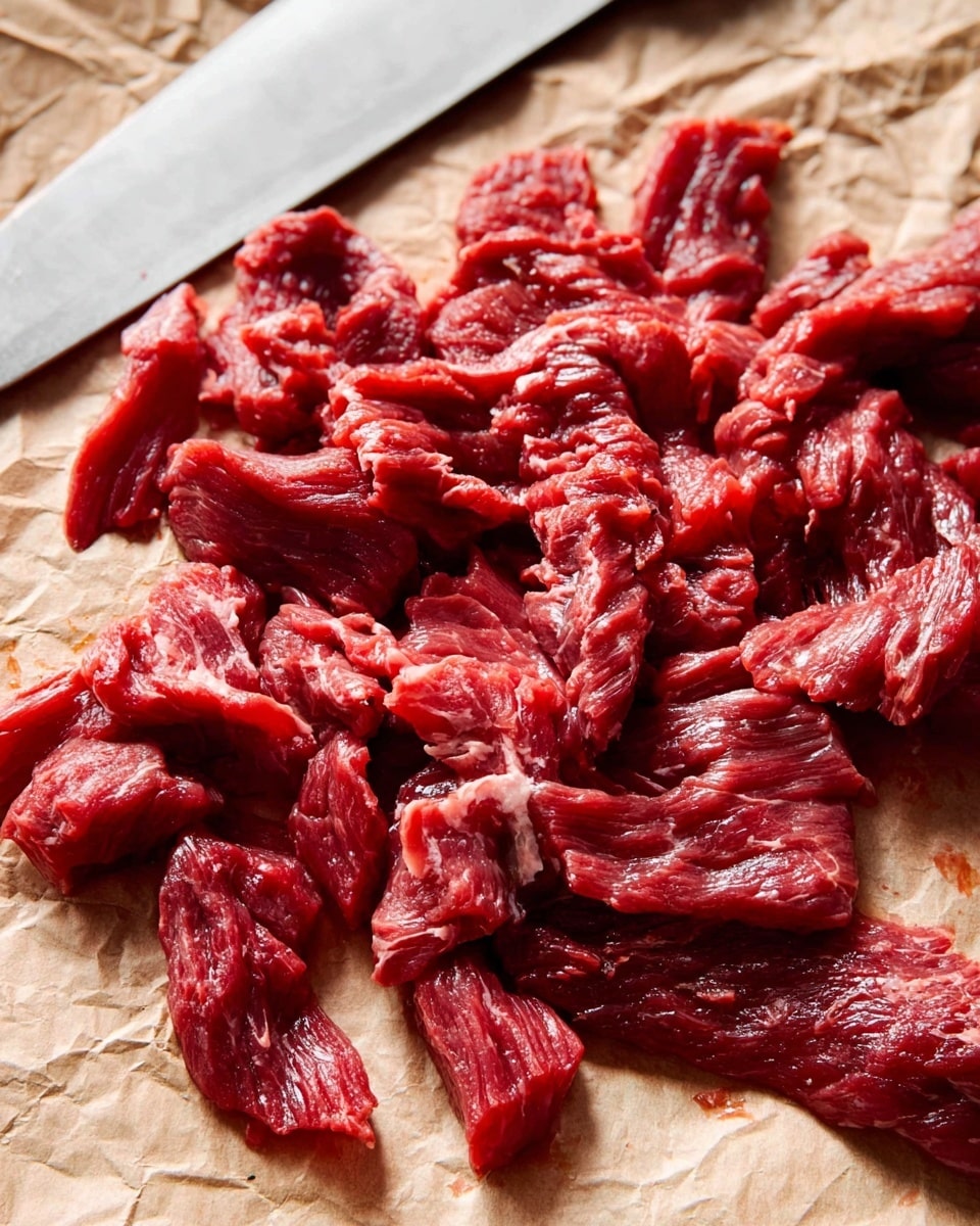 A close-up image of thin strips of raw red meat spread unevenly on a crumpled light brown paper surface, showing varied textures with some pieces thicker and others finely sliced, all looking fresh with marbled fat details, and a large metal knife partially visible under the meat on the top left corner; the background is a white marbled texture. photo taken with an iphone --ar 4:5 --v 7
