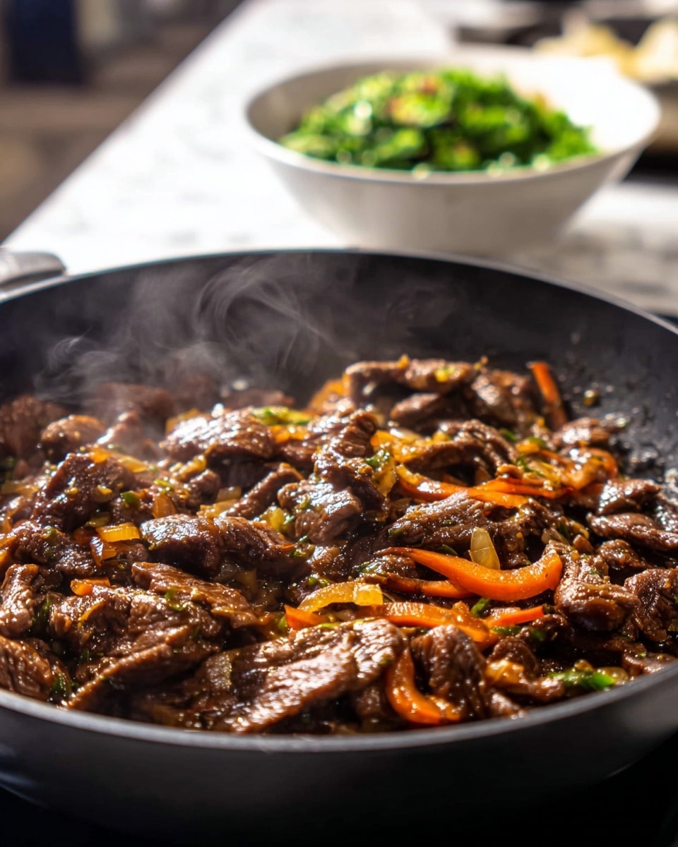 The image shows a black frying pan filled with dark brown cooked beef strips mixed with thin slices of orange carrots and small bits of cooked onion, all glistening with a shiny sauce. Steam rises gently from the hot pan. In the blurry background, a white bowl with a green vegetable dish adds contrast. The surface under the pan has a white marbled texture, giving a clean and bright look. photo taken with an iphone --ar 4:5 --v 7