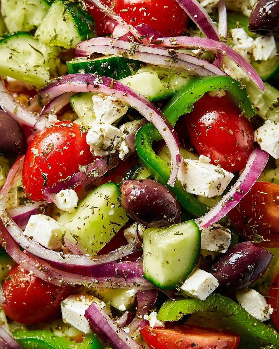 The image shows a close-up view of a Greek salad with several colorful layers. The bottom layer consists of bright green cucumber chunks and green pepper pieces, both showing a fresh and crisp texture. Mixed among them are halved red cherry tomatoes, adding juicy and round shapes with a shiny skin. Thin slices of reddish-purple onion strands are stretched over the salad, creating light, curved lines. Dark purple-black olives are scattered, adding depth and contrast. Crumbled white feta cheese is sprinkled on top, with a soft and slightly crumbly texture. The entire salad is lightly sprinkled with dried herbs, giving a textured look and enhancing the fresh ingredients photo taken with an iphone --ar 4:5 --v 7