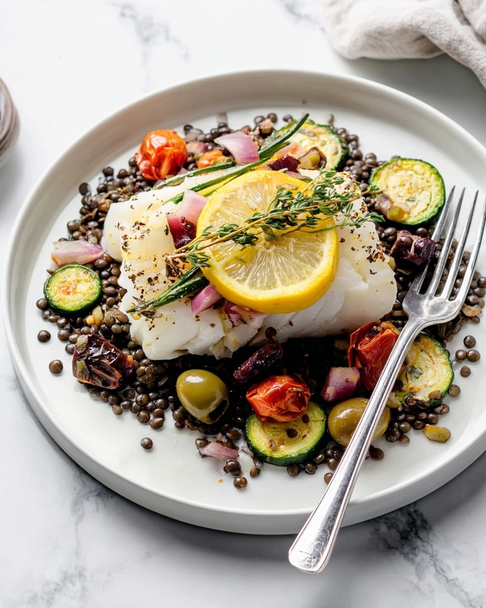 A white plate sits on a white marbled surface with a layered dish. The bottom layer is a bed of small black lentils, scattered evenly. On top of the lentils are slices of green zucchini and whole small red roasted cherry tomatoes, mixed with green and dark purple olives and thin slices of light pink onions. The main layer is a thick, white piece of cooked fish placed at the center of the plate. The fish is topped with a slice of bright yellow lemon, a sprig of fresh green thyme, small pieces of pink onion, and a green olive. A silver fork rests on the right side of the plate. Photo taken with an iphone --ar 4:5 --v 7