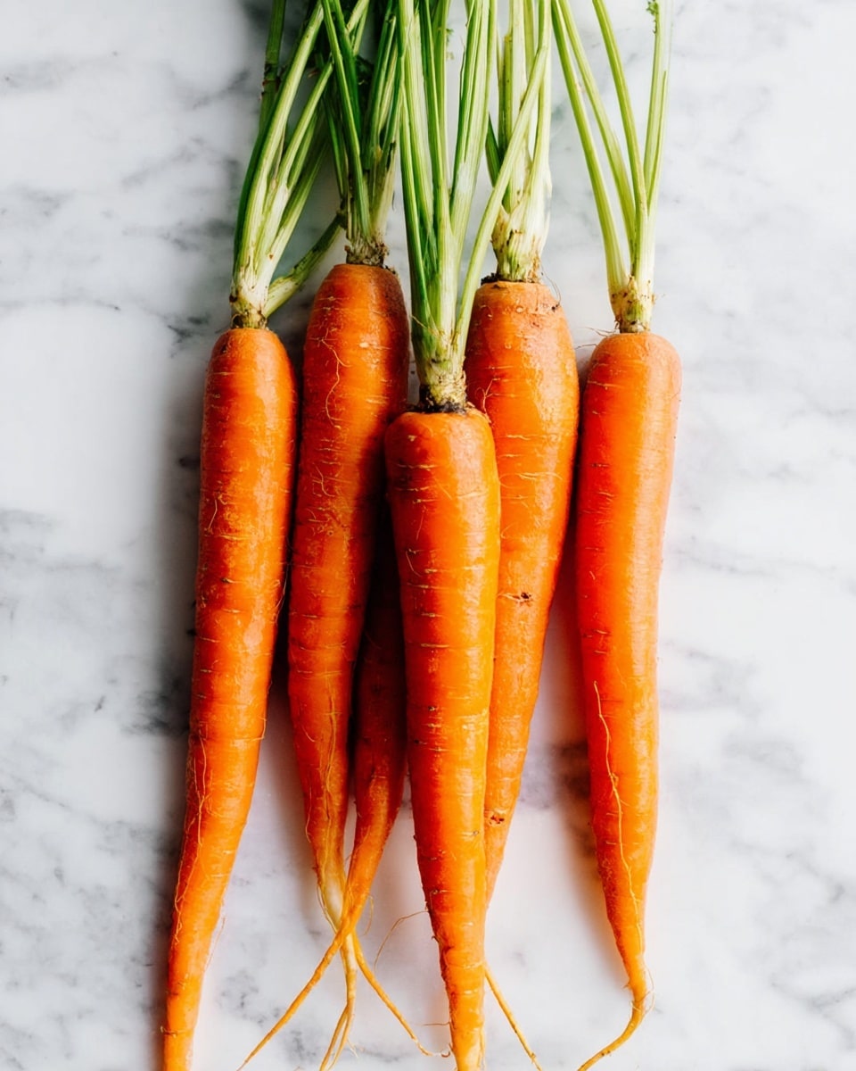 Four fresh whole carrots with long green stems lie close together on a white marbled surface. The carrots are bright orange with visible small root hairs and natural textures. They are arranged somewhat overlapping, with the tops near the upper middle and the pointed ends toward the bottom. photo taken with an iphone --ar 4:5 --v 7
