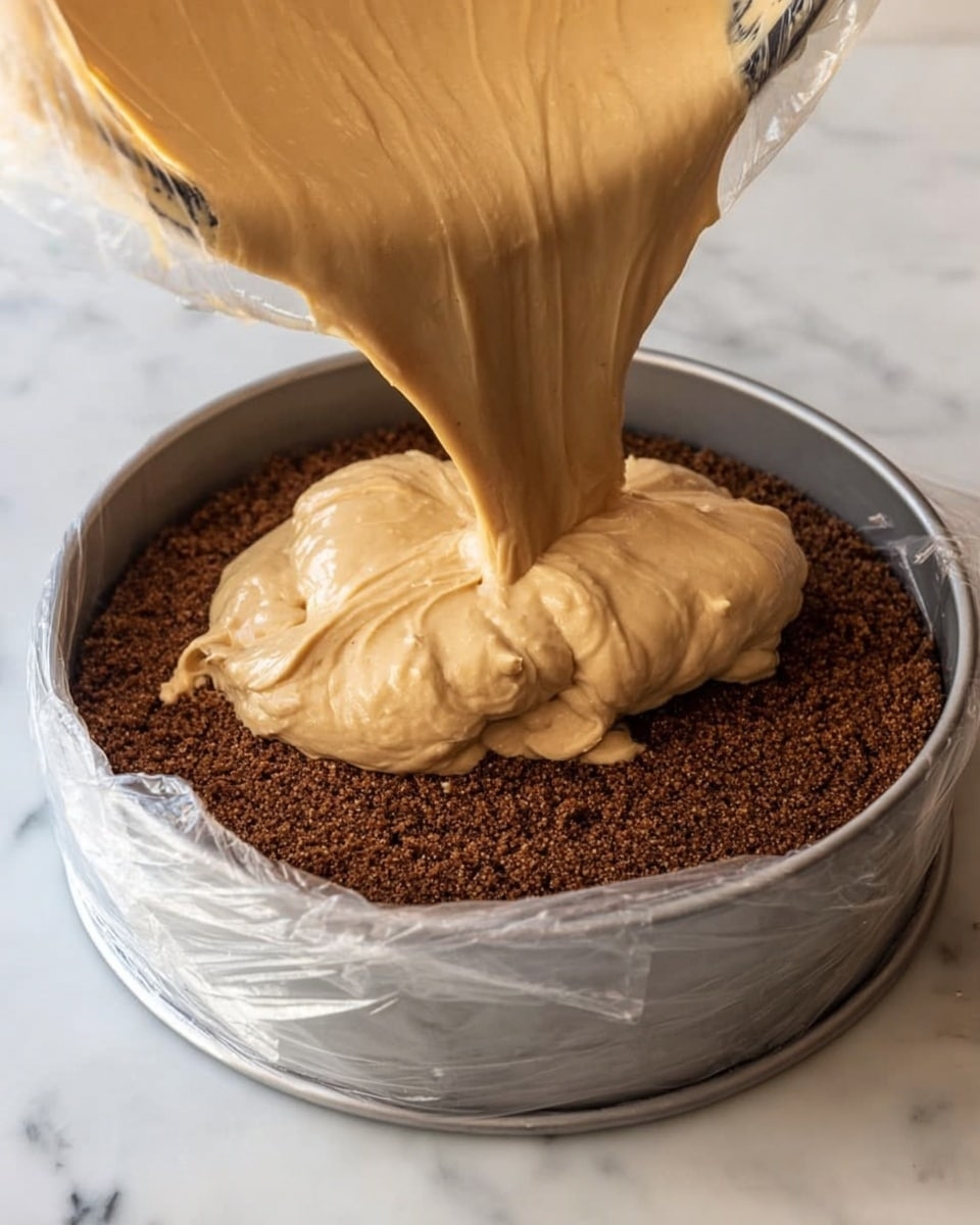 In a round metal pan lined with clear plastic wrap on a white marbled surface, a thick, creamy beige batter is being poured over a dense, dark brown crumb crust that covers the bottom layer of the pan. The batter has a smooth, soft texture and is falling in big dollops, ready to be spread evenly over the crumb base. photo taken with an iphone --ar 4:5 --v 7