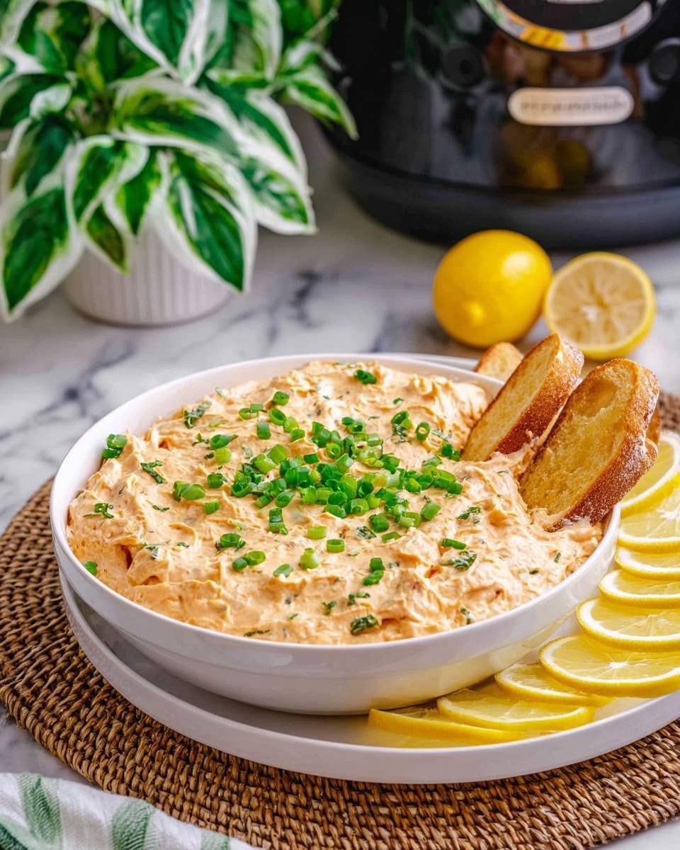 A large white bowl filled with creamy, light orange dip mixed with small green herbs is placed on a woven placemat. The dip is topped with chopped green onions scattered evenly and three lemon slices arranged on one side. Around the bowl edge, there are three pieces of toasted bread standing upright, partially dipped in the spread. In the background, a black crockpot is visible along with a green white-striped leafy plant, all set against a white marbled surface. photo taken with an iphone --ar 4:5 --v 7
