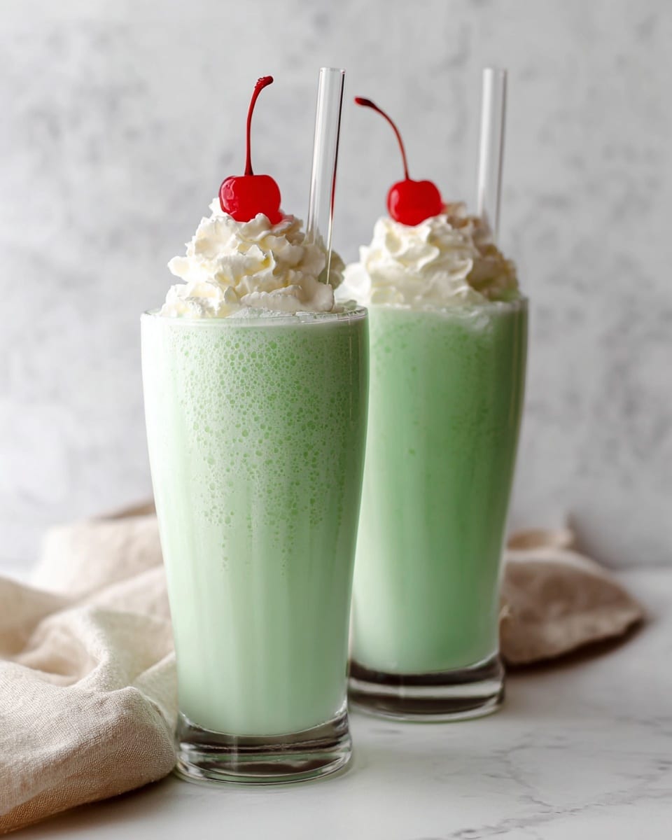 Two clear glasses sit on a white marbled surface, each filled with a light green creamy milkshake as the base layer. On top of the milkshake is a generous swirl of white whipped cream with a soft, fluffy texture. Each whipped cream topping is garnished with a bright red maraschino cherry with a long stem, adding a pop of color. A thick white straw is inserted into each glass, standing upright beside the cherry and whipped cream. The photo taken with an iphone --ar 4:5 --v 7