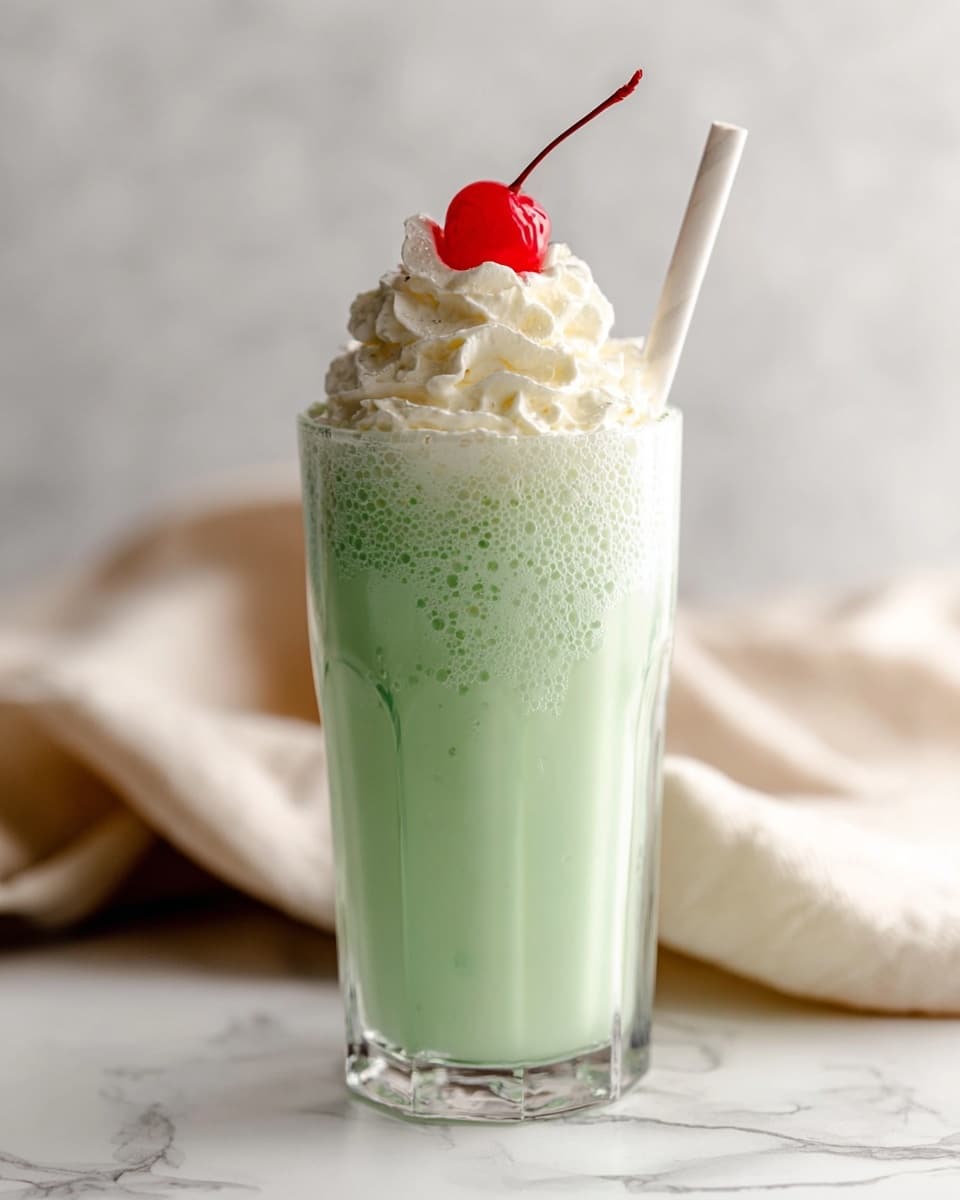 There are two tall clear glasses filled with a light green milkshake, each topped with a swirl of white whipped cream and a bright red cherry with a stem. A thick white straw is placed in each glass, standing upright. The glasses are placed on a white marbled surface, with a light beige cloth partially visible beside the left glass, and the background is a soft, white marbled texture. The light green drink has a smooth and creamy texture with small air bubbles near the top. Photo taken with an iphone --ar 4:5 --v 7