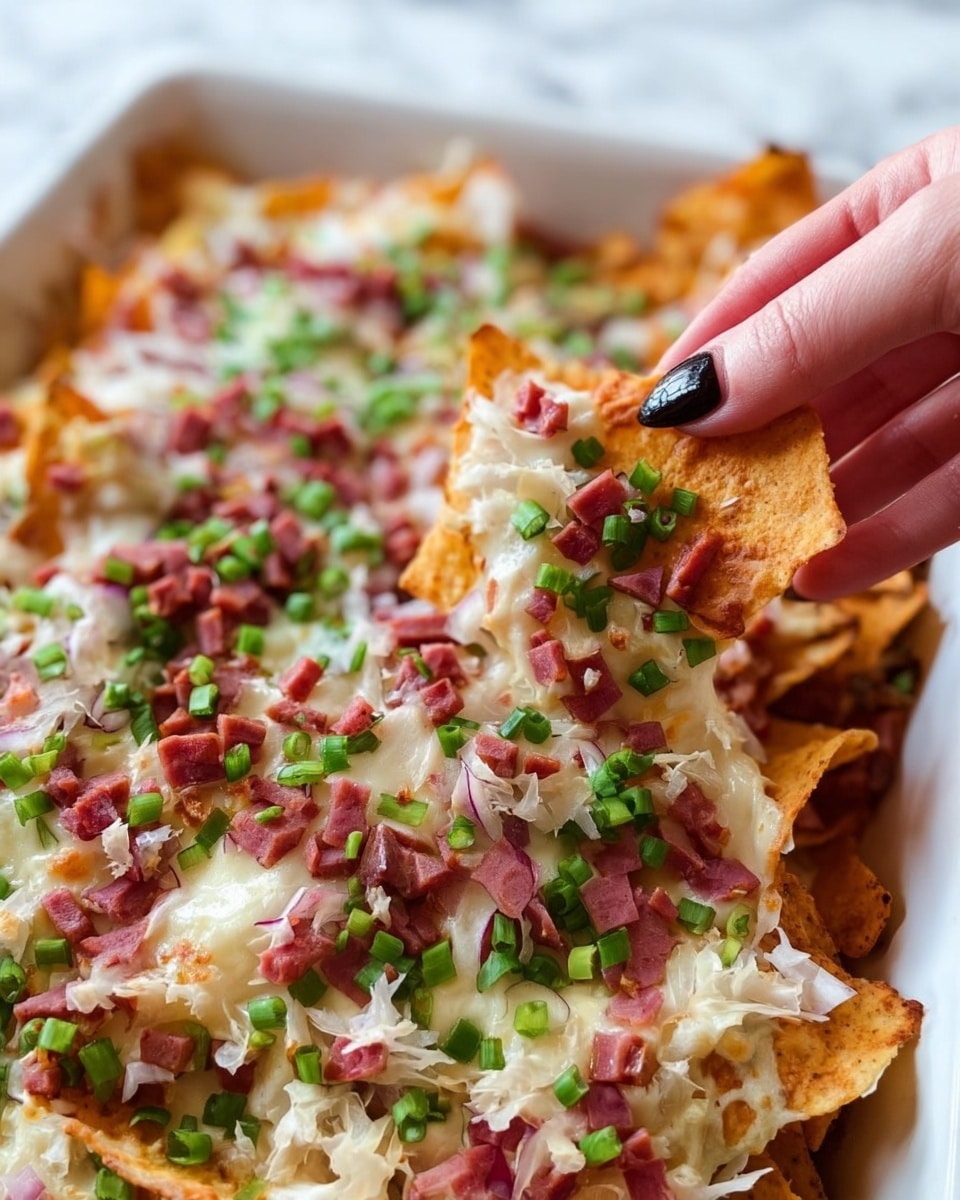 A close-up image shows a white baking dish filled with multiple layers of nachos. The base is made of crispy, golden tortilla chips, stacked and spread evenly. On top, there is a thick, creamy white melted cheese sauce covering most chips. Scattered generously over the cheese are small pieces of reddish-pink diced deli meat and finely chopped bright green onions. White sauerkraut adds texture and a bit of fluffiness spread across the chips. The scene captures a woman's hand with dark painted nails picking up a single loaded chip, showing all layers clearly. The background and surface have a white marbled texture. Photo taken with an iphone --ar 4:5 --v 7