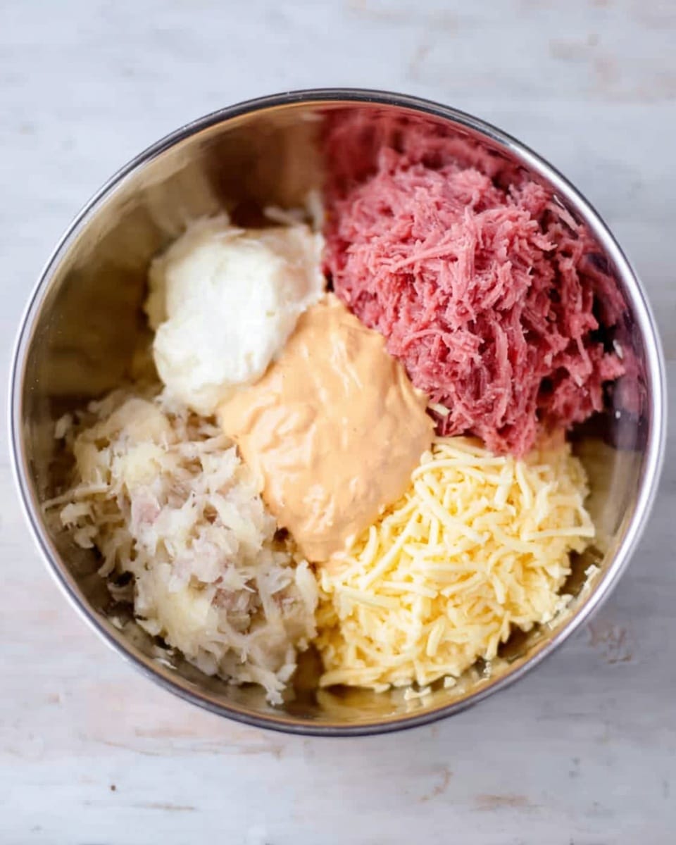The image shows a silver bowl on a white marbled surface, filled with five distinct layers of ingredients that are separated but close to each other. One layer is pink and looks like shredded meat, positioned at the top right. Next to it, on the right bottom, is a layer of pale yellow shredded cheese with soft texture. On the left bottom side is a light orange creamy sauce, smooth and spread out. On the top left is a white dollop of what looks like sour cream or mayonnaise. Finally, the bottom left area has a mix of finely shredded, light beige pieces that resemble cooked potatoes or onion. Photo taken with an iphone --ar 4:5 --v 7