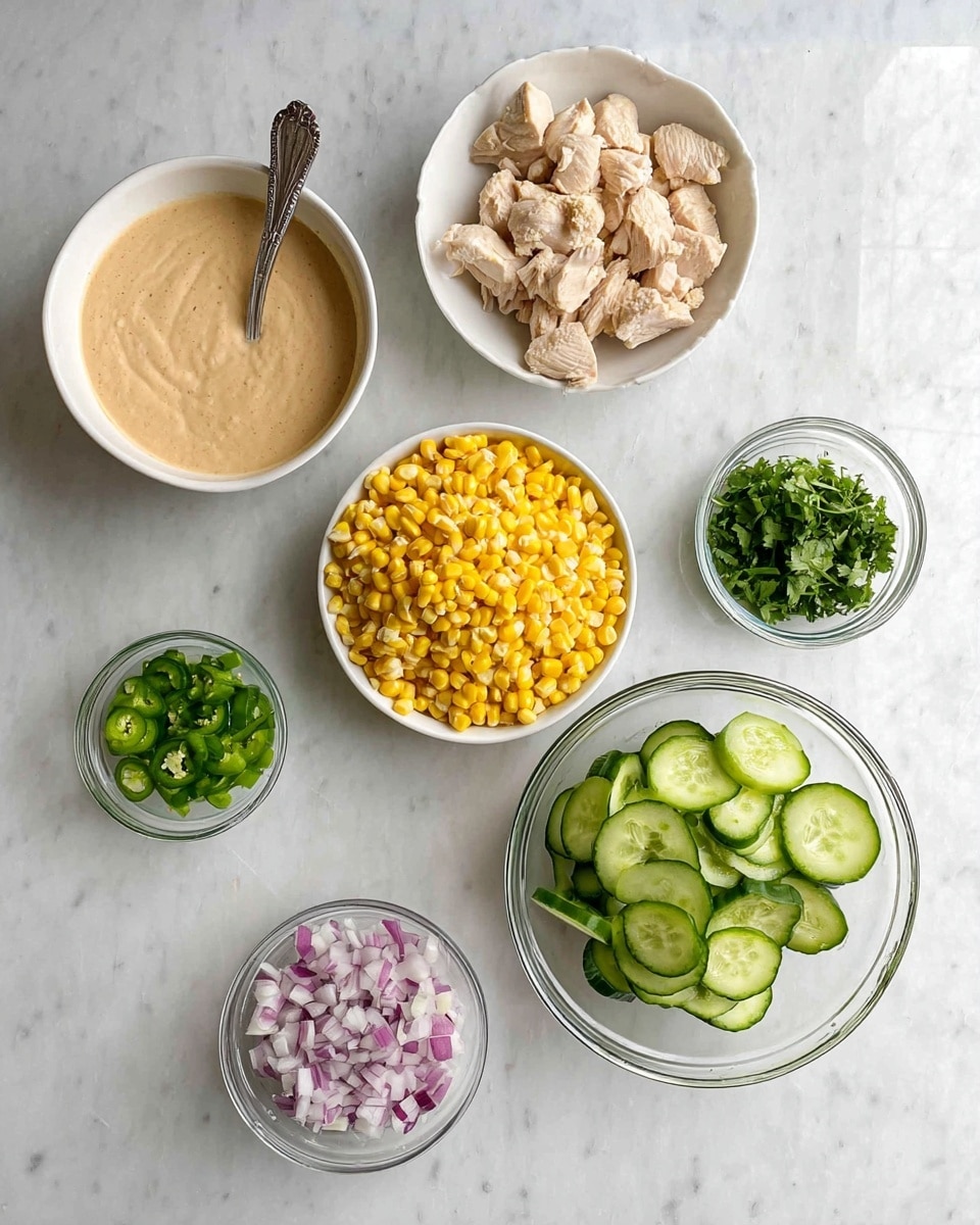 The image shows seven bowls arranged on a white marbled surface. In the center-left, a white bowl holds a light brown creamy sauce with a spoon inside. To its right, a white bowl contains bright yellow corn kernels. Below the creamy sauce, another white bowl holds pieces of light beige cooked chicken. A clear glass bowl filled with sliced dark green cucumbers is placed to the right of the chicken. Above the corn, a small clear glass bowl contains finely chopped dark green cilantro. Below the cilantro, another small clear glass bowl has chopped green jalapeños. At the bottom center, a small clear glass bowl holds finely chopped red onion. Photo taken with an iphone --ar 4:5 --v 7