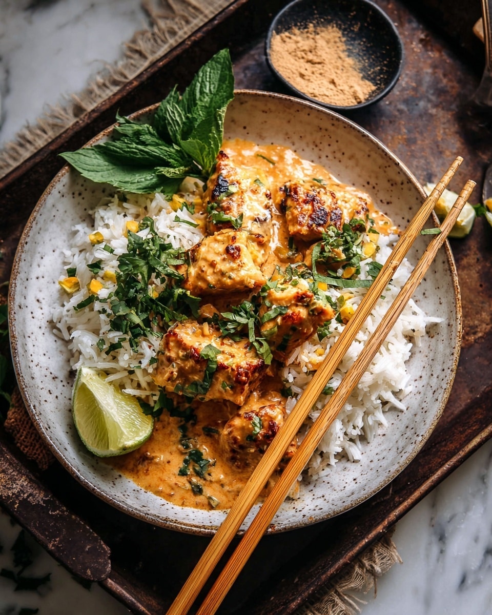 A round white speckled plate holds a layer of plain white rice sprinkled with small pieces of green herbs and yellow bits. On top of the rice are several pieces of golden-brown grilled chicken covered in a creamy, orange-colored sauce that looks smooth and rich. The dish is garnished with chopped fresh green herbs, a whole bright green leaf, and a wedge of lime placed near the edge of the plate. Two light wooden chopsticks rest diagonally on the plate, crossing over the food. In the background, a small black dish with a sandy-colored powder sits on a white marbled surface. The entire setup rests on a dark, rustic tray. photo taken with an iphone --ar 4:5 --v 7