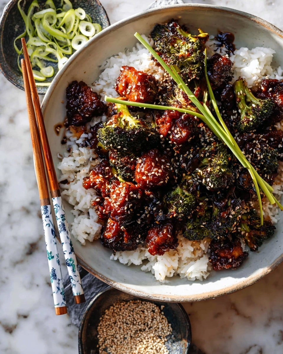 A white bowl sits on a white marbled surface filled with a first layer of white rice, topped with a second layer of dark brown crispy pieces coated in a sticky sauce. There are charred broccoli florets mixed among the pieces. The dish is garnished with white sesame seeds and a few green chive pieces placed on top. A pair of wooden chopsticks with blue and white floral designs rests on the bowl’s edge. Nearby, there is a small bowl with green onion strips and sesame seeds. Photo taken with an iphone --ar 4:5 --v 7