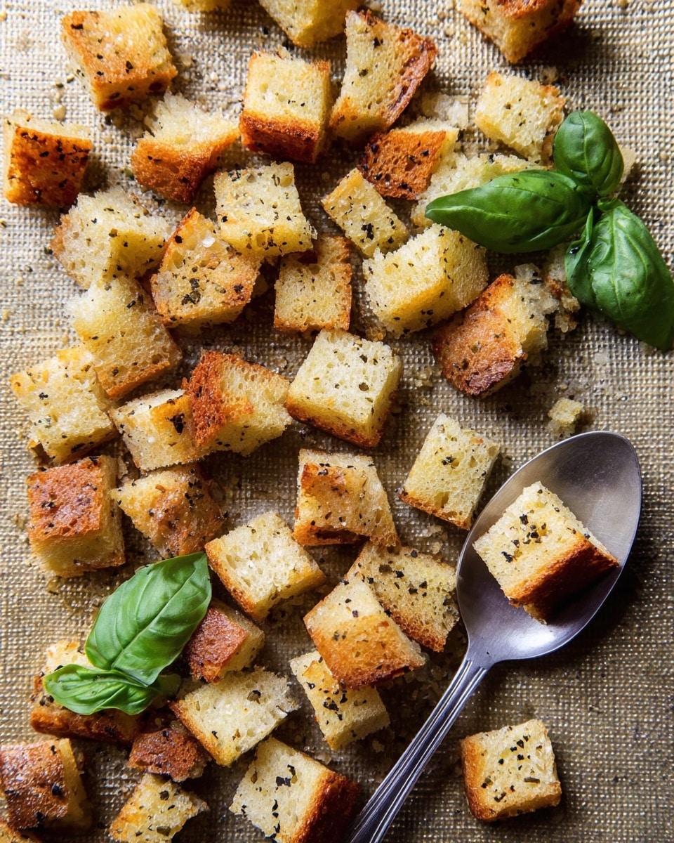 The image shows many small, square croutons that are golden brown with some darker edges, each lightly speckled with black herbs or seasoning. The croutons are scattered on a textured surface with a golden tone. Among the croutons, there are a few fresh green basil leaves with visible veins and a bright, smooth texture. A silver spoon holds three croutons near the center right of the image, its shiny surface reflecting light. The whole scene is lit with soft natural light, emphasizing the crispy texture of the croutons and the fresh look of the basil leaves. photo taken with an iphone --ar 4:5 --v 7