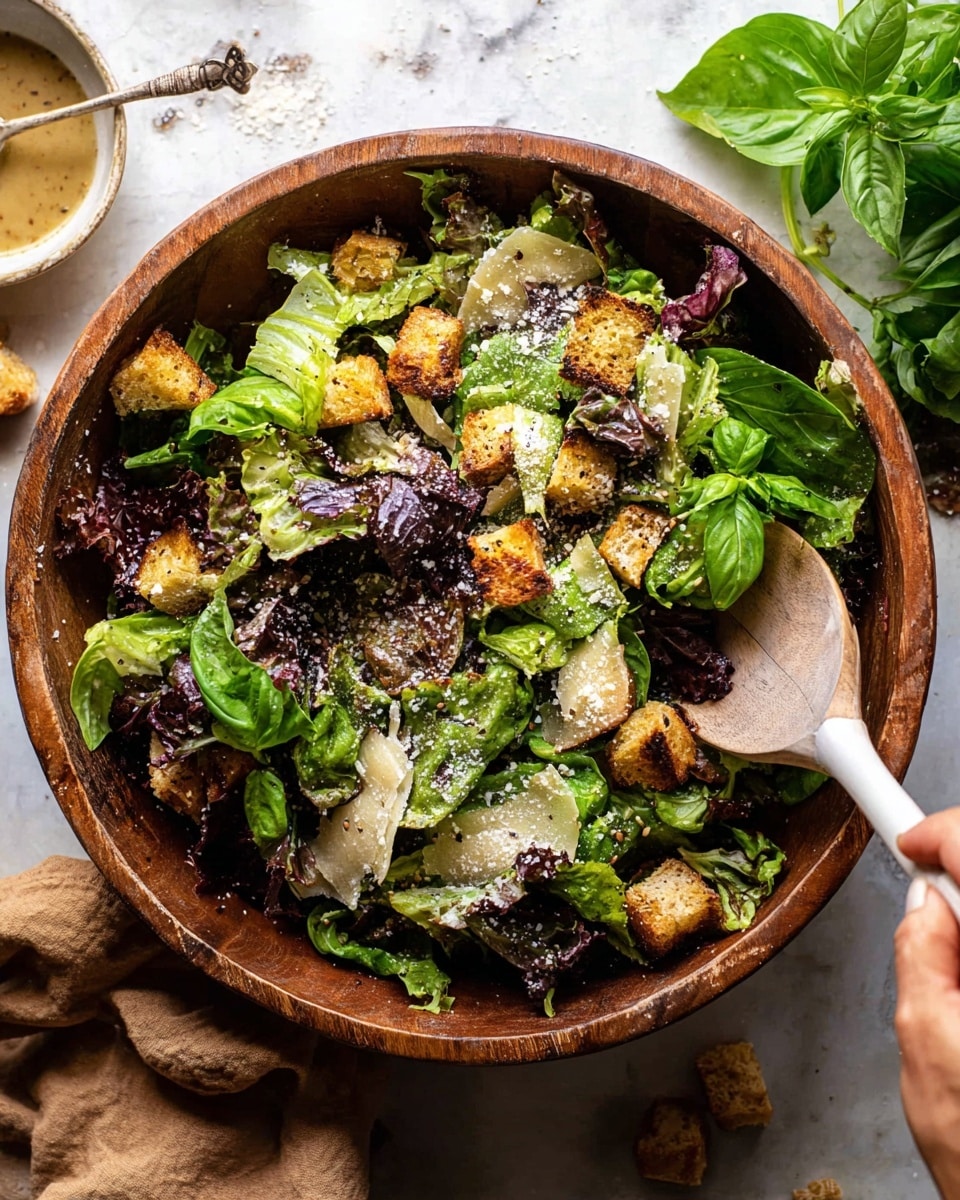 A large rustic wooden bowl sits on a white marbled textured surface, filled with a mixed green salad composed of various leafy greens in shades of green and deep purple. Scattered throughout the salad are golden-brown toasted bread cubes, adding a crunchy texture. The salad is topped with a sprinkle of white grated cheese and sesame seeds, adding a fine grainy texture. A woman's hand is holding a wooden spoon with a white handle, stirring the salad from the right side of the image. Outside the bowl, there are fresh basil leaves and a small white dish with a light brown dressing and a few more bread cubes nearby, adding depth to the setting. Photo taken with an iphone --ar 4:5 --v 7