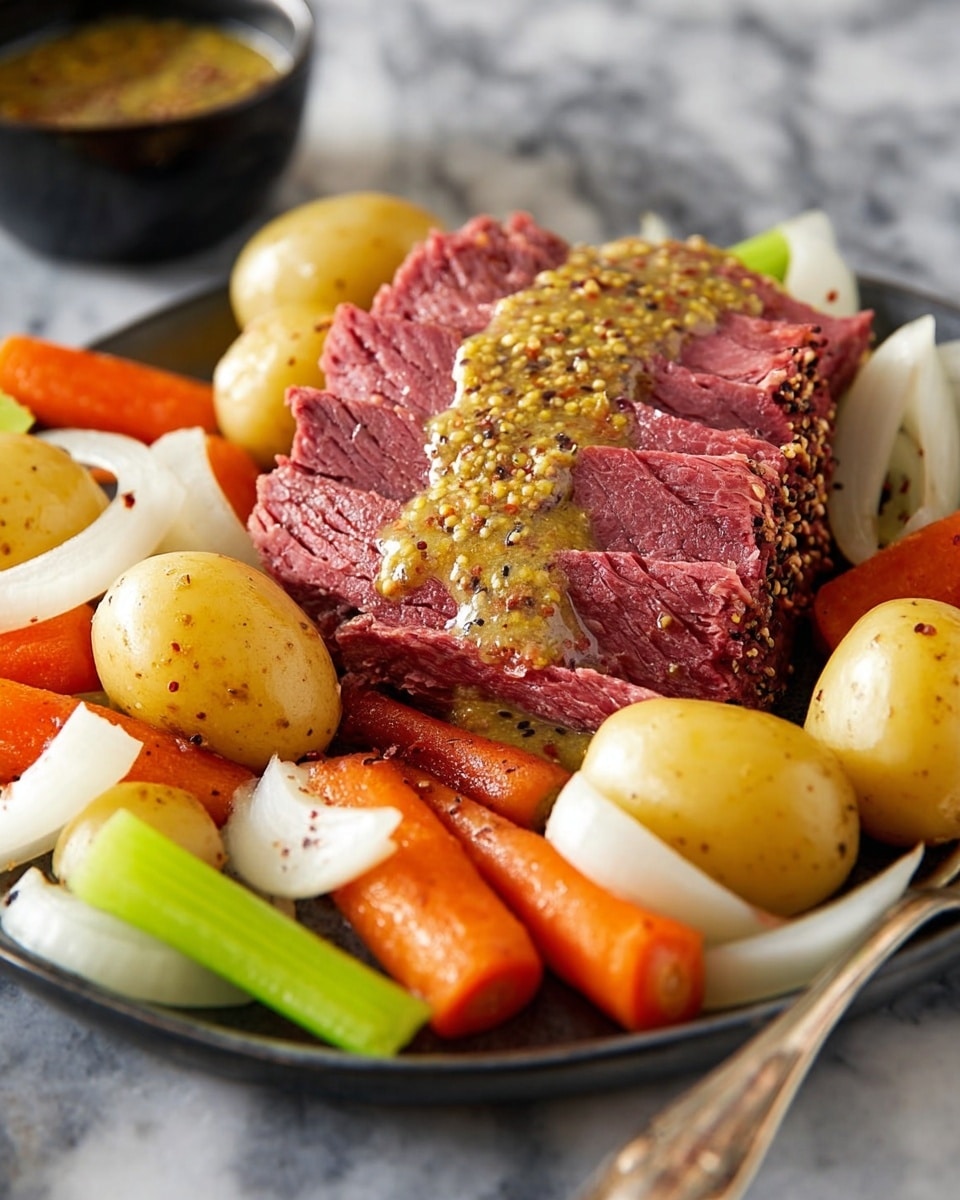 On a white plate, there is a large piece of reddish-pink cooked meat with visible texture lines, covered with grainy mustard sauce that is yellow and brown with seeds. Around the meat, small light yellow baby potatoes, orange baby carrots, pale yellow celery sticks, and white onion slices form a colorful border. The plate sits on a white marbled surface, and a fork is placed at the side of the plate. Photo taken with an iphone --ar 4:5 --v 7