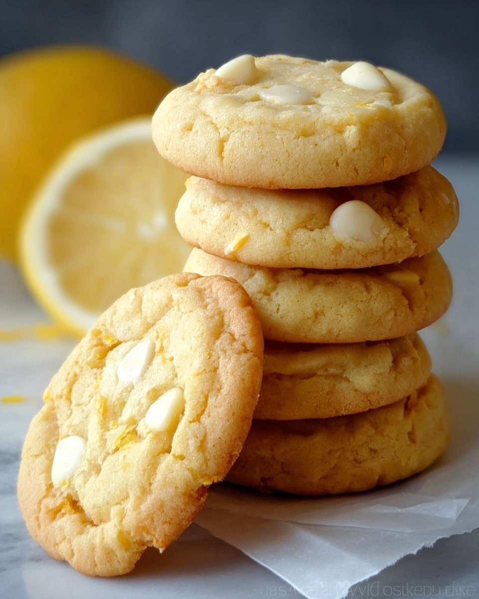 A stack of five soft, round lemon cookies with a pale yellow color and white chocolate chips on top, arranged on a white marbled surface with a piece of white parchment beneath them. One cookie leans against the stack, showing its textured side with slightly browned edges. Two halves of a fresh lemon with a vibrant yellow color are placed in the blurred background. The cookies look light and crumbly with a gentle golden tone around the edges. Photo taken with an iphone --ar 4:5 --v 7