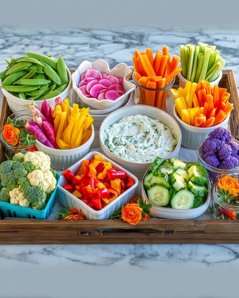 A large wooden tray holds an assortment of fresh vegetables and dips arranged in white bowls and clear glass containers on a white marbled surface. From left to right, there is a white bowl filled with bright green snap peas, next to a small scalloped white bowl with slices of pink and white watermelon radish. A clear glass bowl contains colorful carrot sticks in orange, yellow, and purple hues. Beside it is a square white bowl with small red and orange mini bell peppers. A white round bowl in the center is filled with a creamy white herb dip with visible green flecks. Behind it, a clear glass cup holds bright orange baby carrots, and next to that is another glass container with thin cucumber sticks standing upright. On the right side of the tray, a white round bowl has a smooth white dip, and next to it, a small blue berry basket is packed with orange cauliflower florets. A white scalloped bowl next to it is filled with fresh green broccoli florets. A clear glass jar on the far right contains a mix of purple and green cauliflower along with broccoli, and in front of the jar, there is a glass bowl with more red and orange mini bell peppers. Small orange edible flowers and green fresh herbs are scattered for decoration, and a woman's hand is touching the tray’s edge. Photo taken with an iphone --ar 4:5 --v 7