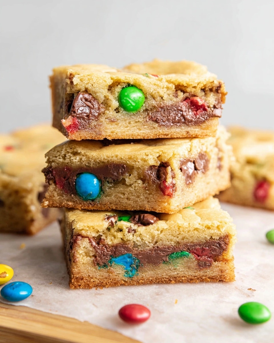 A stack of three thick square cookie bars with a light golden brown color is shown. Each bar has visible layers filled with melted brown chocolate and colorful candy-coated pieces in green, red, blue, and yellow spread through the soft, crumbly texture. Around the stack on the white marbled surface, there are loose pieces of the same colorful candies. The top bar has one green candy piece clearly sitting on its surface. The cookie bars look soft and slightly chewy with a rough, uneven top layer. Photo taken with an iphone --ar 4:5 --v 7
