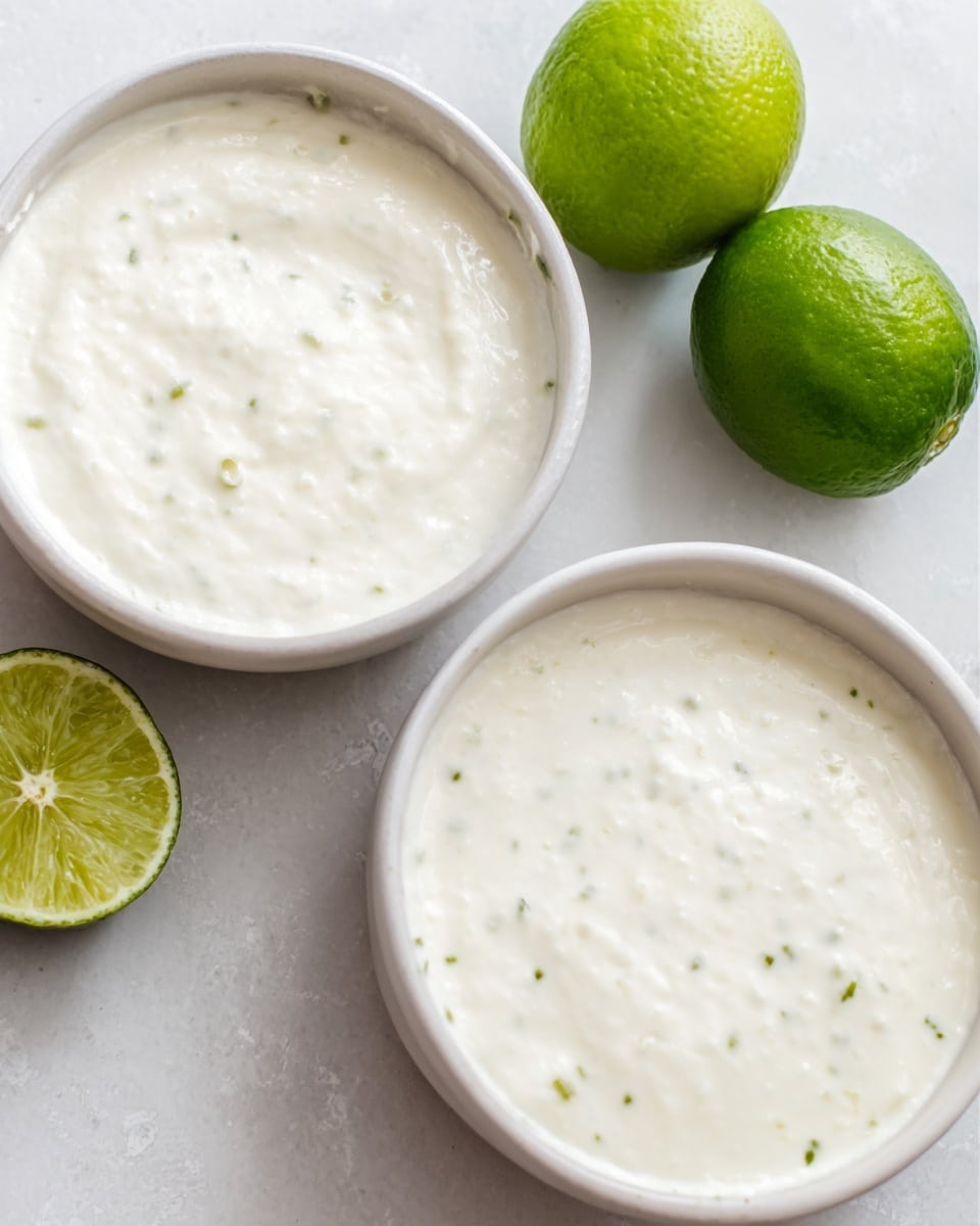 Two round white bowls sit on a white marbled surface, each filled with a smooth, pale creamy mixture that has tiny green specks throughout. Each bowl’s creamy layer is thick and even, with a soft, slightly bumpy texture on top. Next to the bowls are two bright green whole limes and one lime half, displaying a fresh, juicy interior that contrasts with the creamy contents of the bowls. The overall look is fresh and simple. photo taken with an iphone --ar 4:5 --v 7