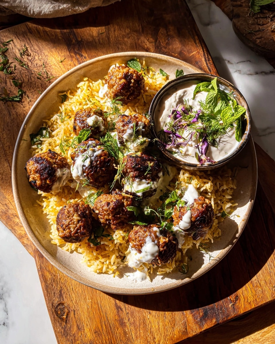 A close-up view of many small, round meatballs with a browned, crispy outer layer showing bits of green herbs and a slightly rough texture. They fill a black cast iron pan and are positioned in a tight group, with some meatballs stacked slightly on top of others. The background shows a white marbled surface under the pan and a blurry dark cup with light pink flowers in the back top right corner. The lighting creates shiny spots on the meatballs' surfaces, emphasizing their cooked texture. Photo taken with an iphone --ar 4:5 --v 7