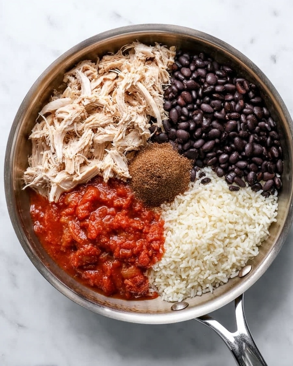 A metal pan with four main sections of food arranged inside is placed on a white marbled surface. One section holds shredded light beige cooked chicken, next to it is a portion of white, fluffy cooked rice. Adjacent to the rice is a heap of thick, bright red tomato sauce with visible small chunks. The last section contains shiny black beans. Between the shredded chicken and the rice, there is a small rounded pile of dark brown spice powder. The pan has a shiny silver handle and a smaller loop handle on the opposite side. Photo taken with an iphone --ar 4:5 --v 7