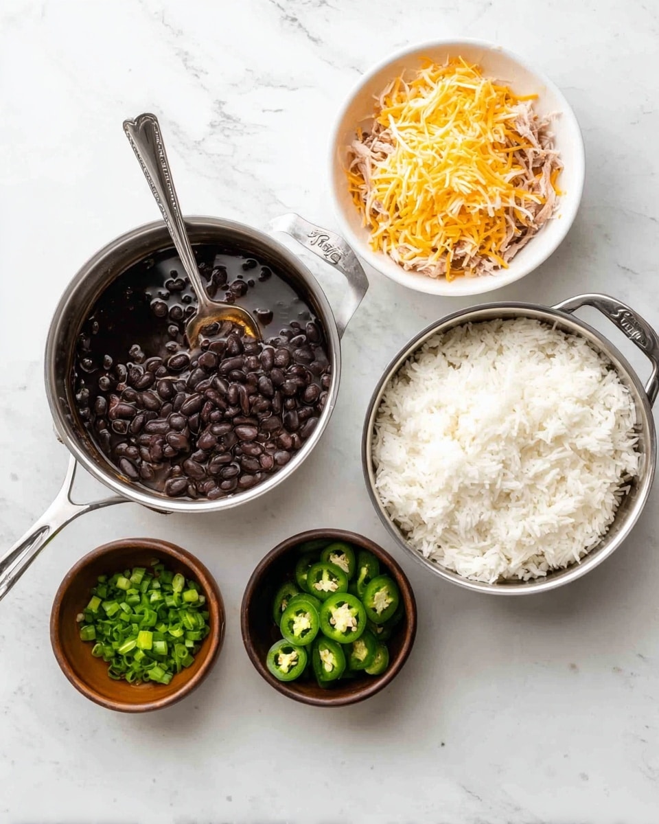 The image shows a white marbled surface with five containers arranged neatly. On the right is a silver pan filled with fluffy white rice with a silver spoon resting inside. Below it, there is a smaller silver pan holding dark black beans in liquid. On the top left, a white bowl contains shredded orange cheddar cheese mixed with some shredded meat. To the right of that, two small brown bowls sit side by side, one filled with sliced green jalapeño peppers and the other with chopped green onions. The whole setup is clean and simple, highlighting the fresh ingredients. photo taken with an iphone --ar 4:5 --v 7