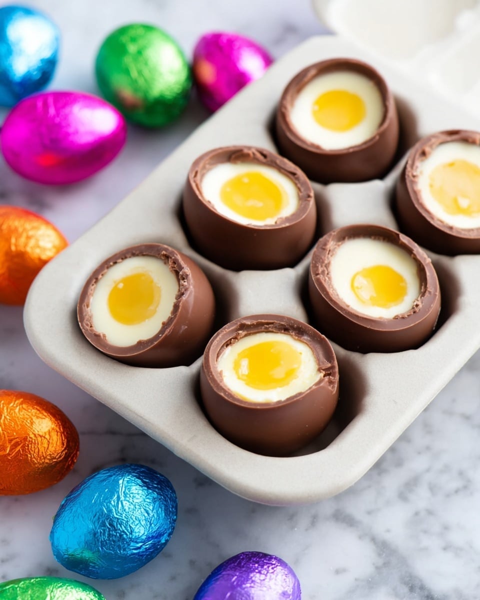 There are six chocolate eggs in a white egg tray, each filled with three layers: a smooth dark brown chocolate shell on the outside, a creamy white layer in the middle, and a small round yellow layer on top resembling an egg yolk. The edges of the chocolate shell look slightly rough where they have been opened. Around the tray, there are shiny foil-wrapped eggs in blue, green, pink, purple, and orange colors, placed on a white marbled surface. photo taken with an iphone --ar 4:5 --v 7