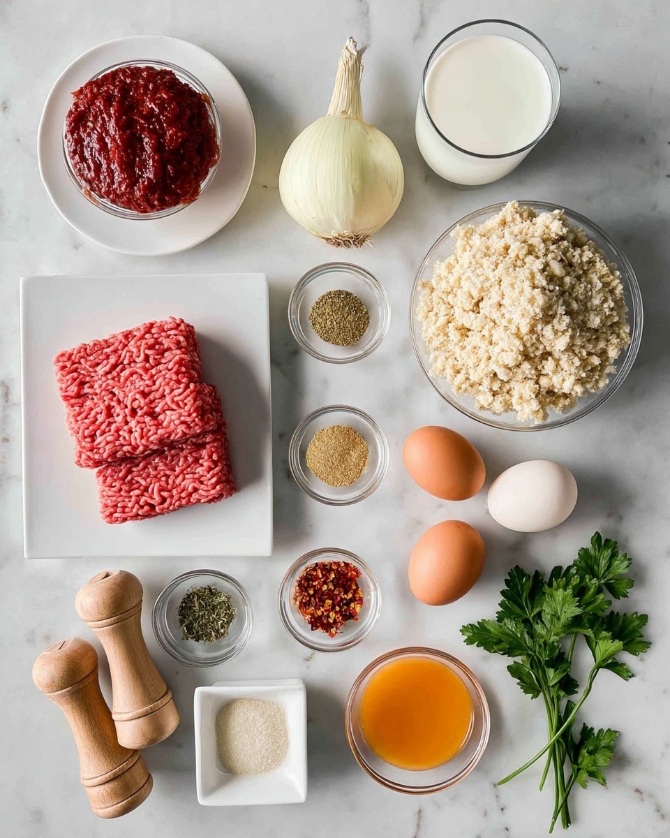The image shows a neatly arranged set of ingredients on a white marbled surface. On the left side, there is a large white plate with two square layers of pink ground meat placed one on top of the other. Nearby, a whole yellow onion and a bulb of garlic with some cloves separated sit close together. To the right of the onion, a clear round bowl is filled with a crumbly, pale mixture, while a small white square dish holds a similar but more compact powder. Above these, three small glass bowls contain green dried herbs, light yellow powder, and red chili flakes. Two whole eggs, one brown and one white, rest side by side near the center of the image. Above the eggs, a tall clear glass is filled with milk, and next to it, a small square glass bowl holds a thick deep red paste. Below this, a small round glass bowl with orange liquid is next to two wooden spice grinders labeled 'P' and 'S.' Three sprigs of fresh green parsley are scattered around the ingredients, adding a touch of color. photo taken with an iphone --ar 4:5 --v 7