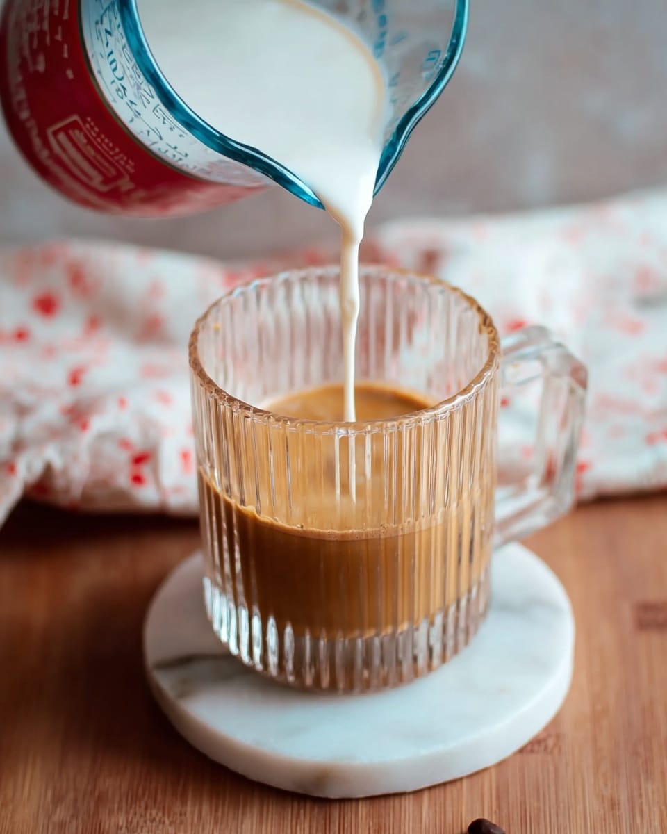 The image shows a clear glass cup with vertical ridges holding a light brown liquid, likely coffee, on a white marble coaster. A blue glass measuring cup is pouring a thick white liquid, possibly milk or cream, into the coffee. The background has a white marbled texture and a soft cloth with red patterns is partially visible. The scene is warm and inviting with a close-up view of the pouring action. photo taken with an iphone --ar 4:5 --v 7
