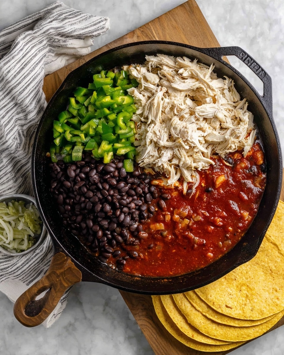 The image shows a black cast iron pan on a white marbled surface, divided into four sections with different ingredients: bright green cooked bell peppers in the top left, shredded white chicken in the center, dark black beans in the top right, and a rich, red sauce covering the bottom half of the pan. Next to the pan, slightly overlapping a white wooden cutting board, are several yellow corn tortillas stacked in a neat pile, each tortilla with cut lines showing the sections. A striped white and gray cloth rests nearby. Photo taken with an iphone --ar 4:5 --v 7