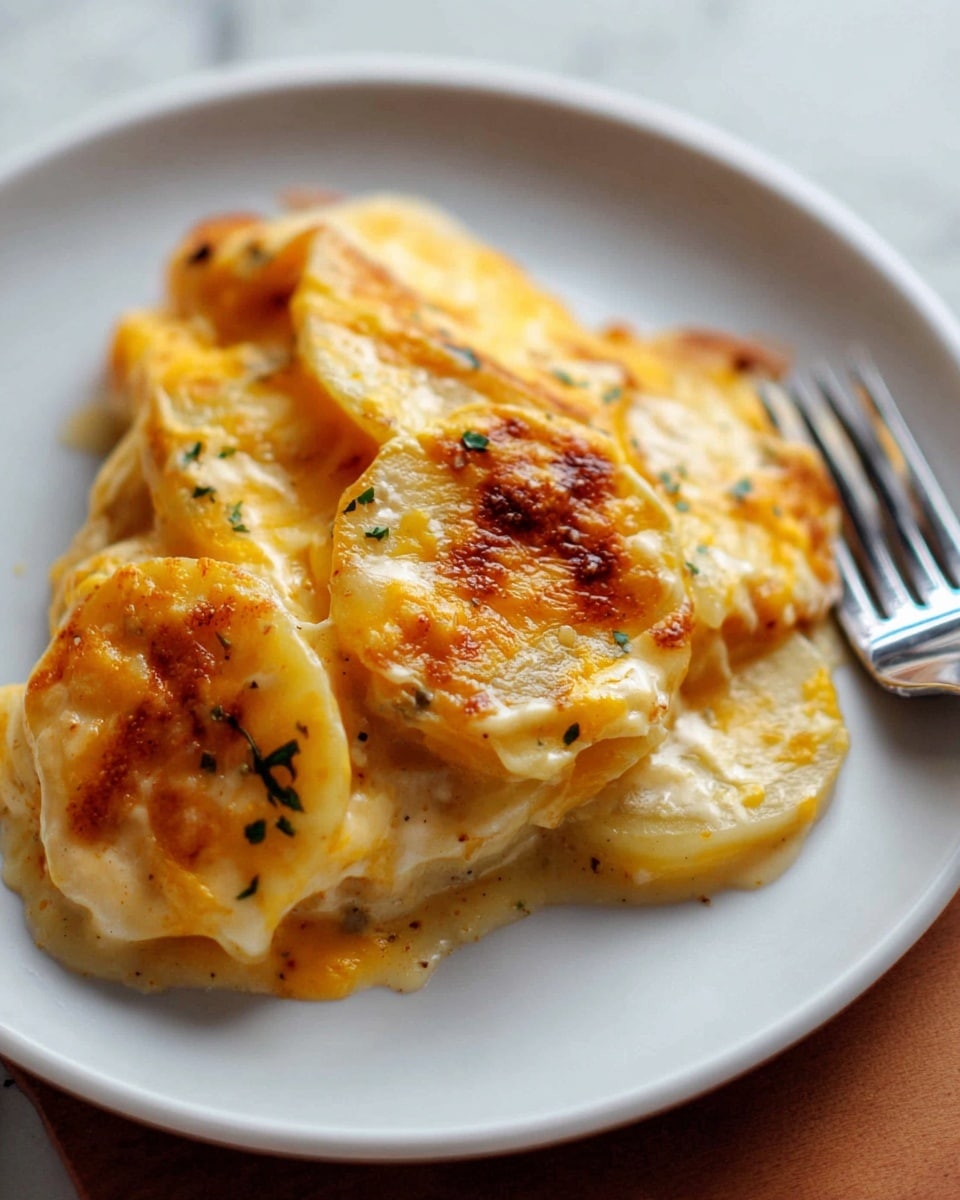 A white plate holds a creamy dish of scalloped potatoes with about three visible layers of thinly sliced potatoes. Each layer shows a soft yellow color, coated in a rich, light orange cheese sauce with some browned spots on top indicating baking. Small bits of green herbs are scattered throughout the cheesy surface, adding a touch of contrast. A fork rests on the right side of the plate, with the scene placed on a white marbled surface. Photo taken with an iphone --ar 4:5 --v 7